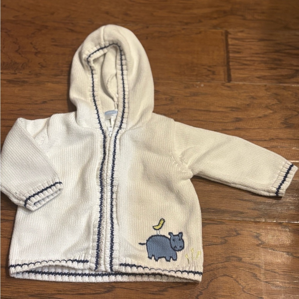 Janie and Jack Layette Knit Baby Hoodie | 3-6 Months | Hippo Embroidery